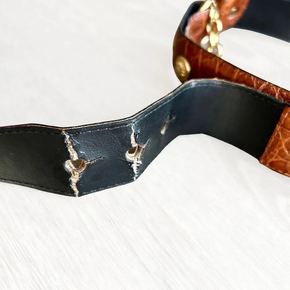 Vintage Sandy Duftler Croc Leather Chain Concho Belt Brown Brass Size AS IS